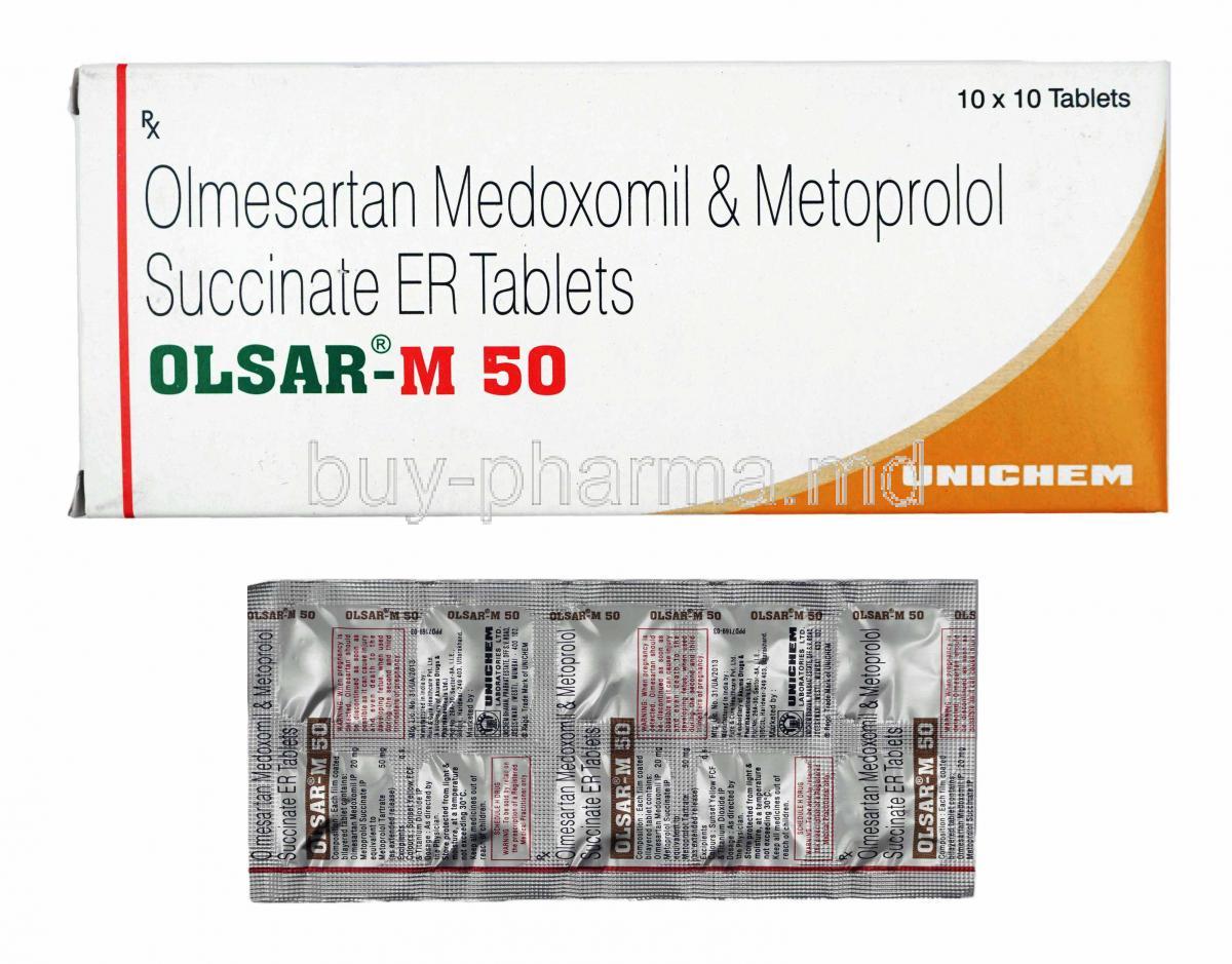 Olsar-M, Olmesartan and Metoprolol Succinate 50mg box and tablets