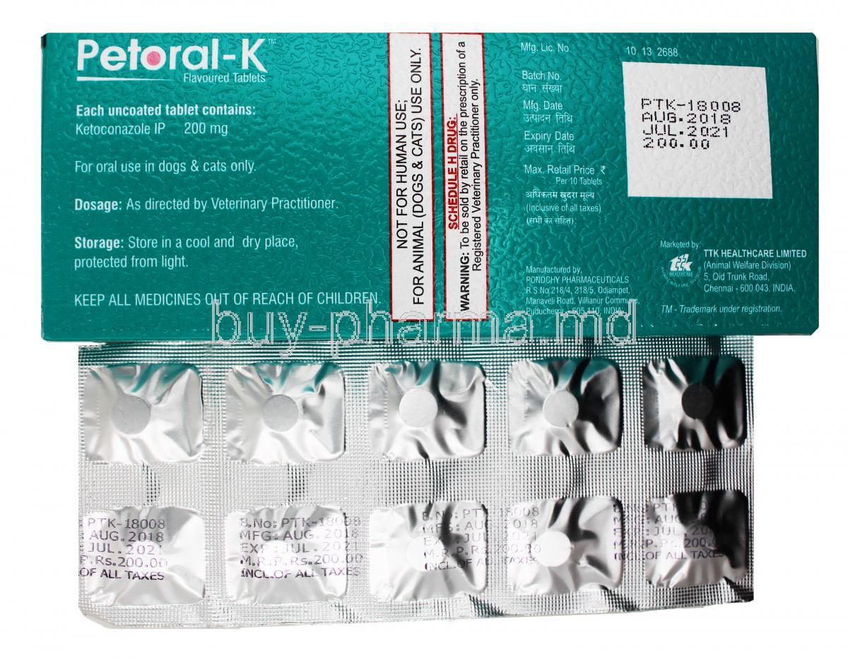 Petoral-K, Ketoconazole 200mg Tablet (Flavoured), Box and sheet