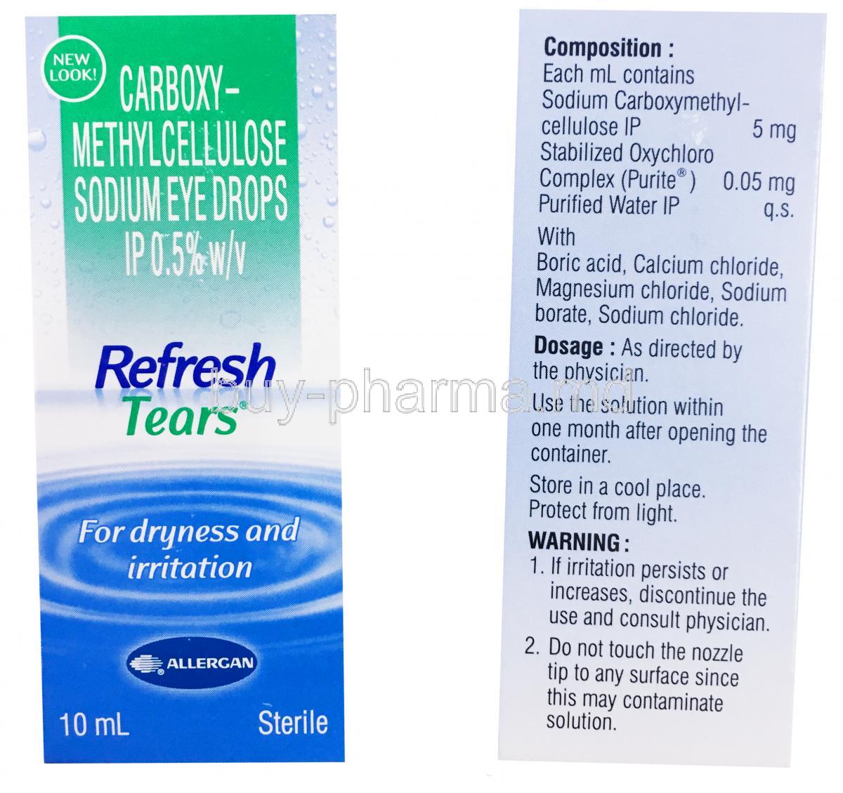 Carboxy methyl cellulose Sodium, Ophthalmic Solution Eye Drops, 0.5% 10ml, box front and back presentation