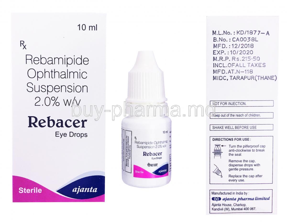 Rebacer, Rebamipide Ophthalmic suspension 2.0%, 10ml, Ajanta, Box front and back presentation with bottle presentation
