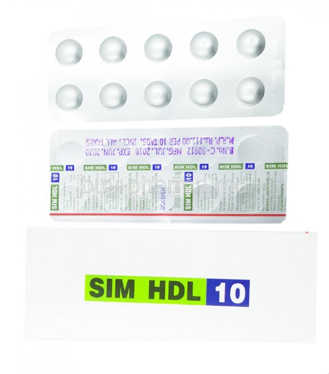 SIM HDL, Simvastatin, 10 mg, box and blister pack