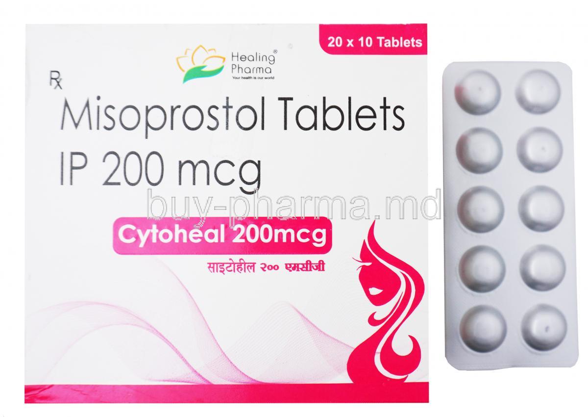 Cytoheal, Misoprostol 200mg 20 x 10 tablets, Healing Pharma, Box and blister pack front presentation