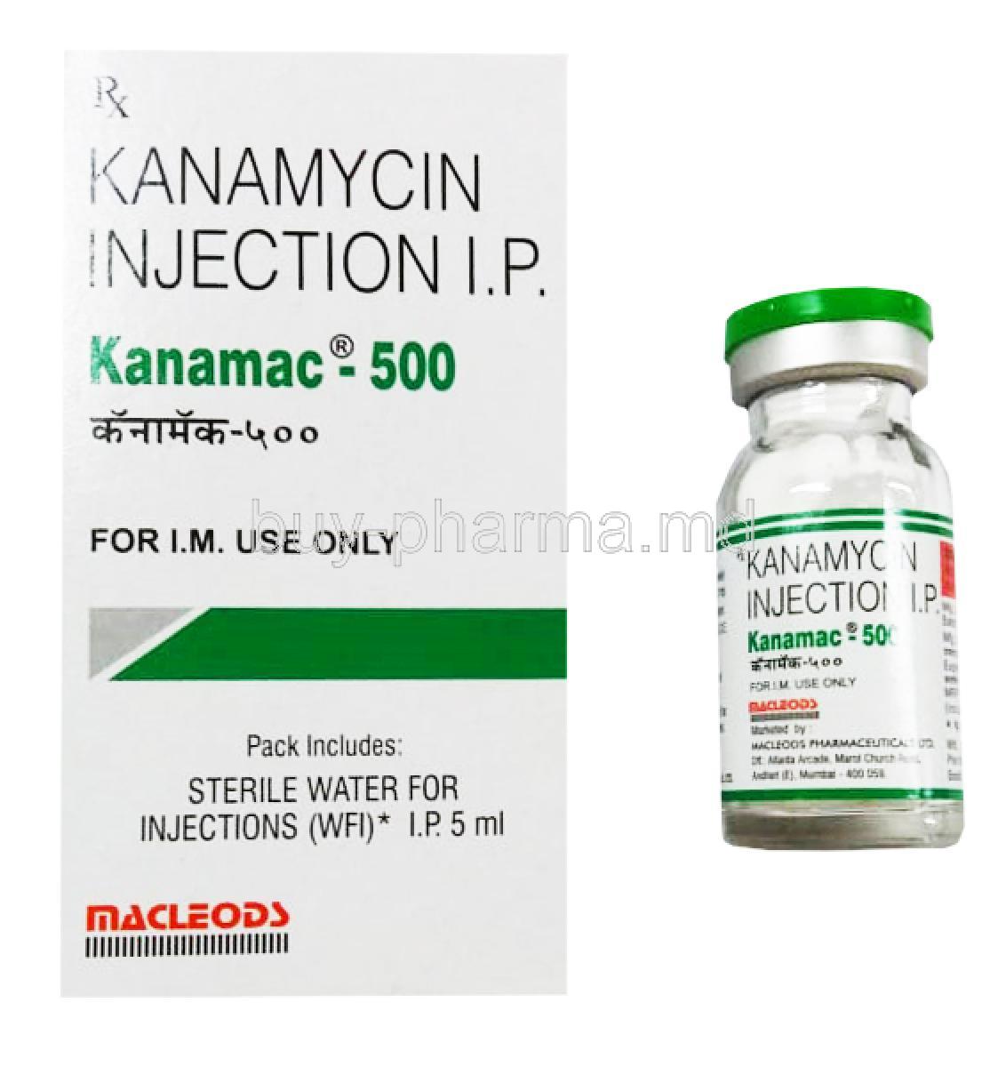 Kanamac-500, Kanamycin Injection I.P. , 500mg 5ml, Macleods, box and vial presentation
