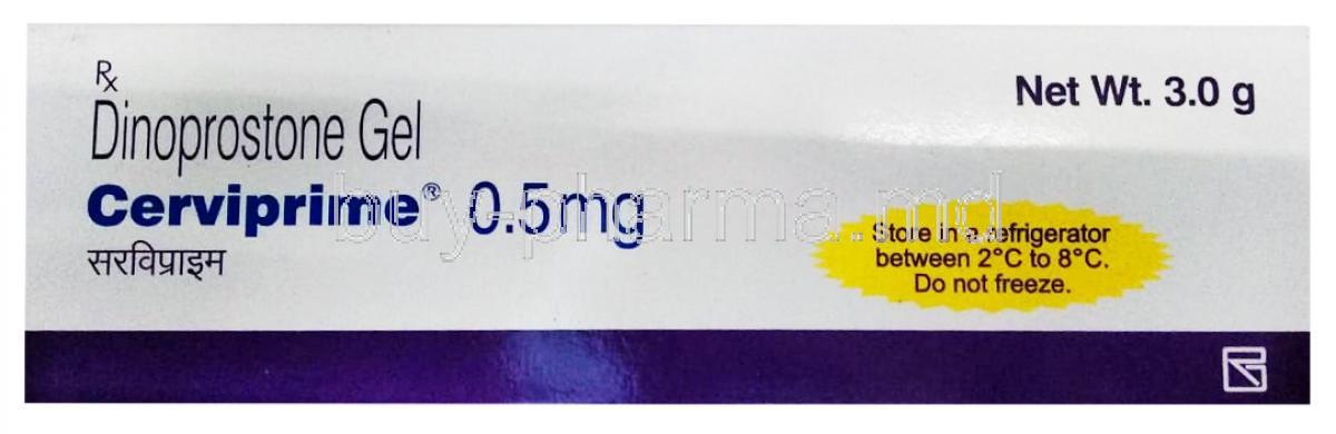 Cerviprime Gel, Dinoprostone Gel 3gm 0.5 mg, box front presentation