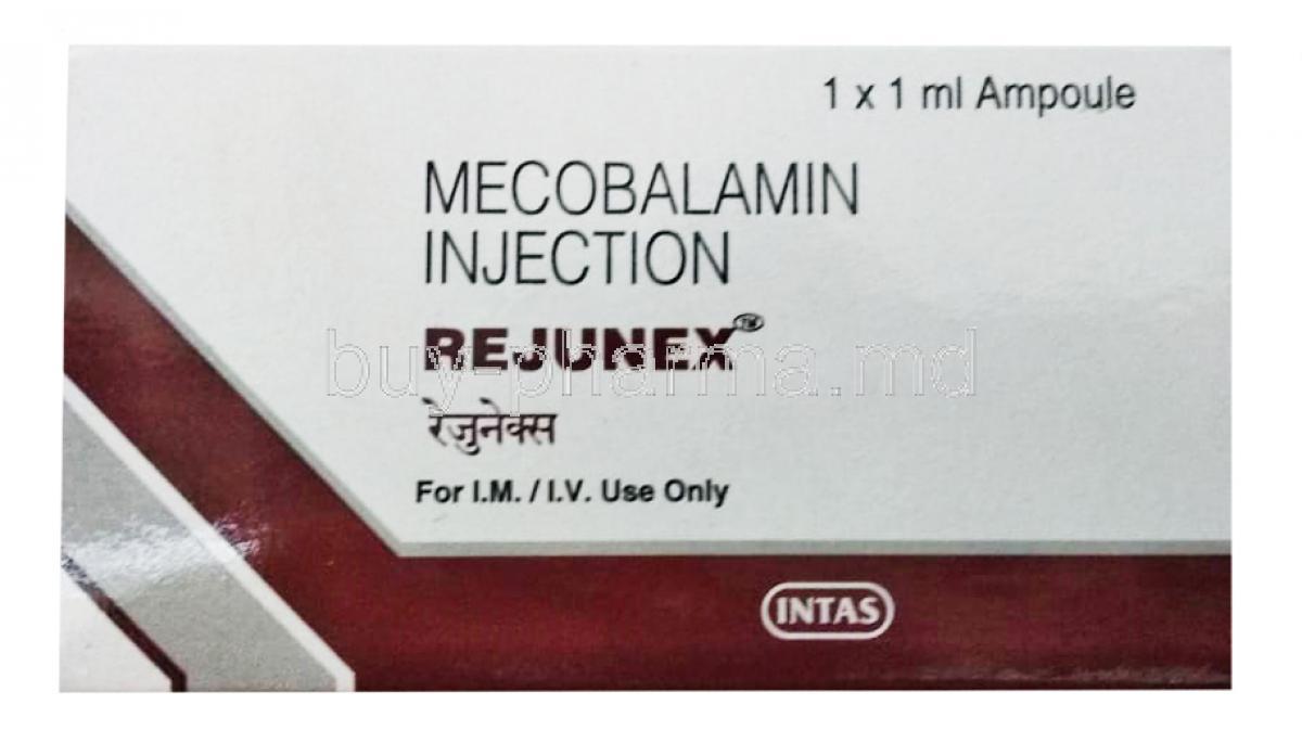 Rejunex Injection, Methylcobalamin (Mecobalamin), 500mcg/ml 1ml , box front presentation, Intas