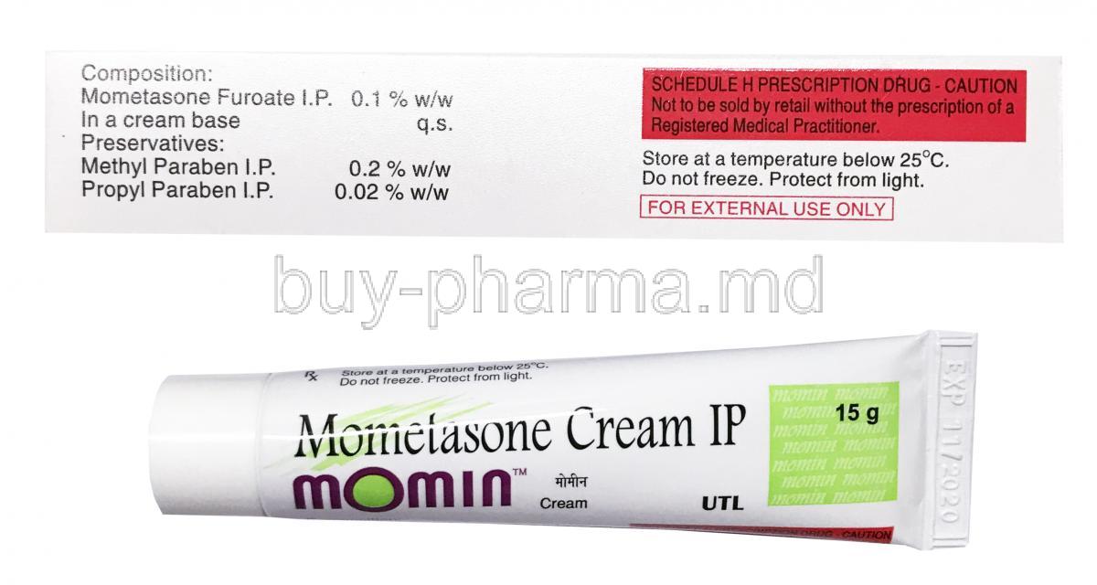 Momin Cream, Mometasone Furoate, 15g, box and tube back presentation with information, UTL