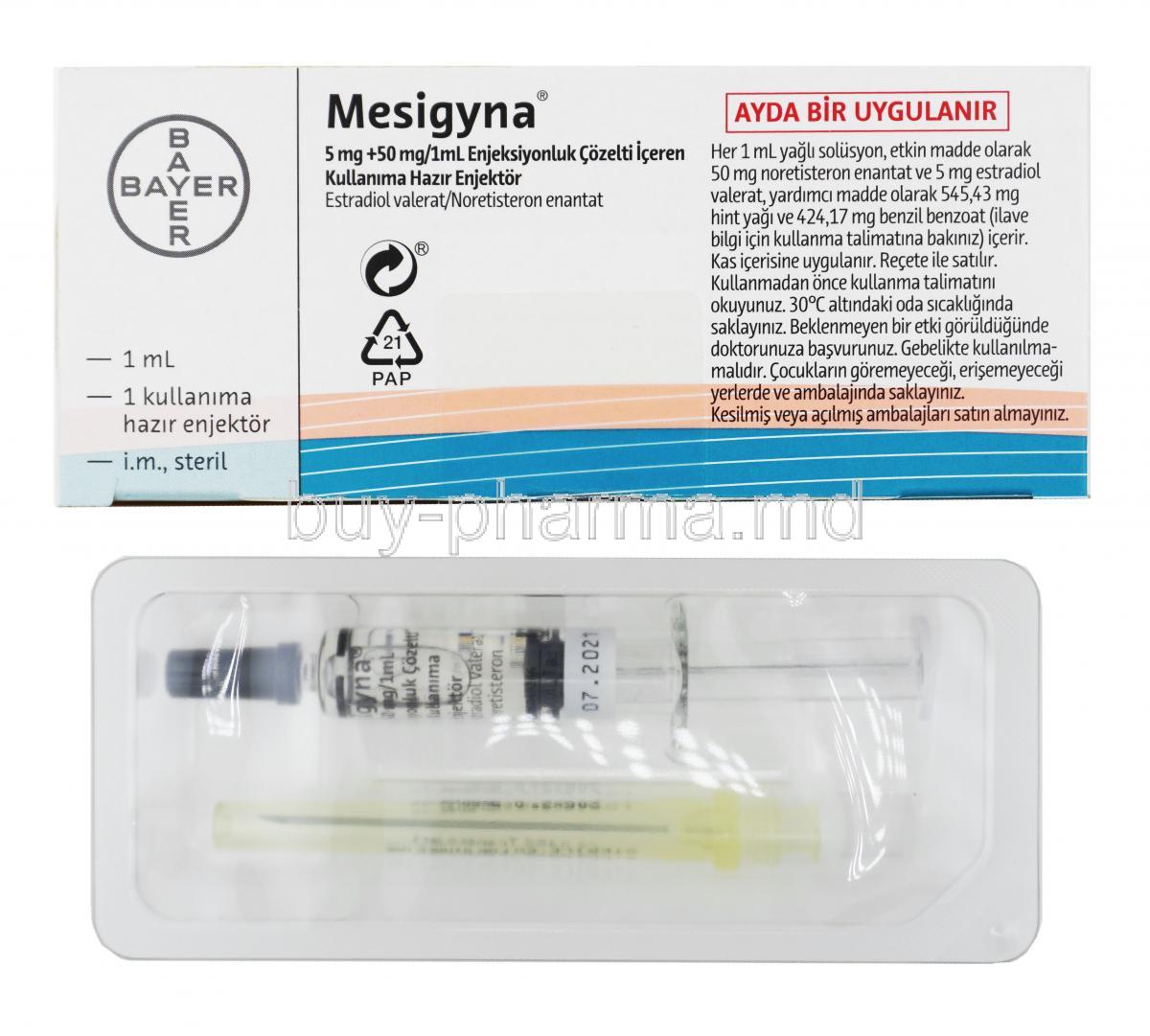 Mesigyna Injection, Estradiol and Norethisterone box and injection