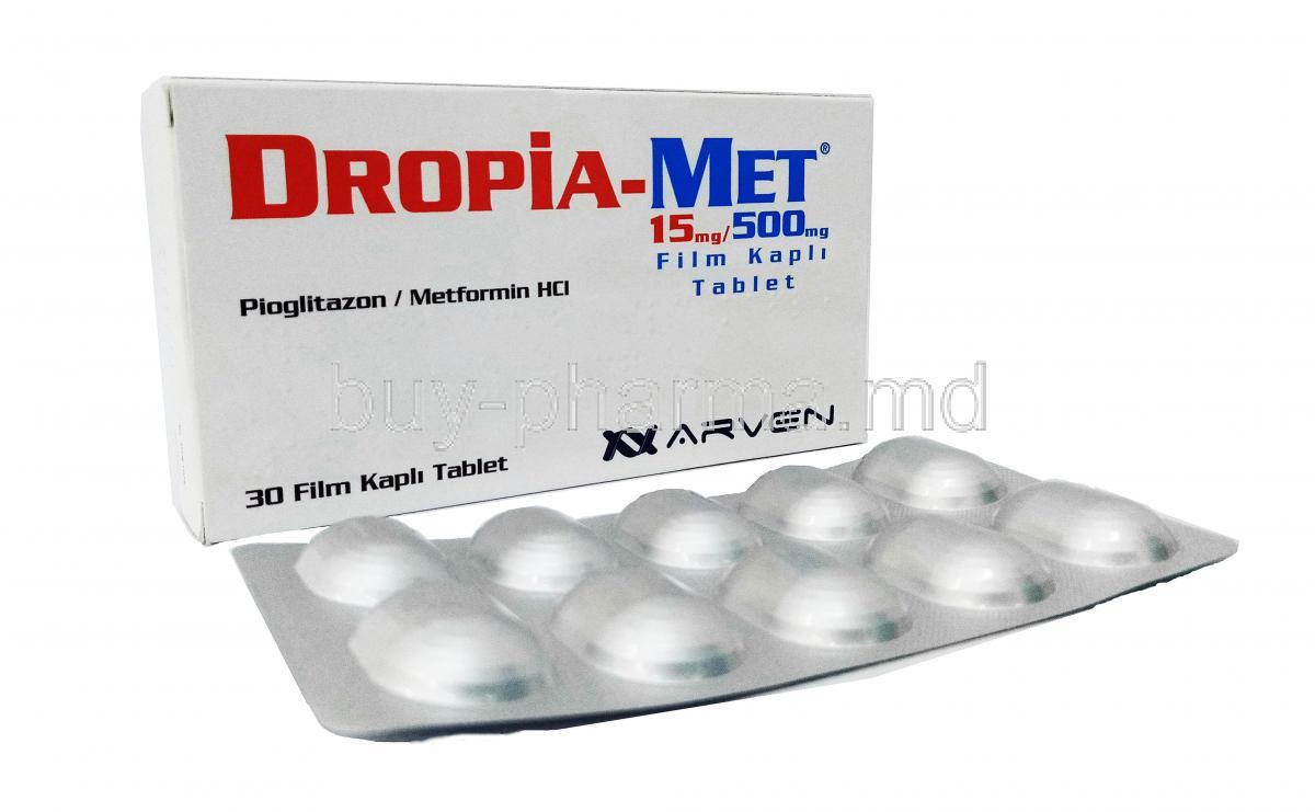 Dropia-Met, Pioglitazon 15 mg/ Metformin 500 mg, Box, Sheet