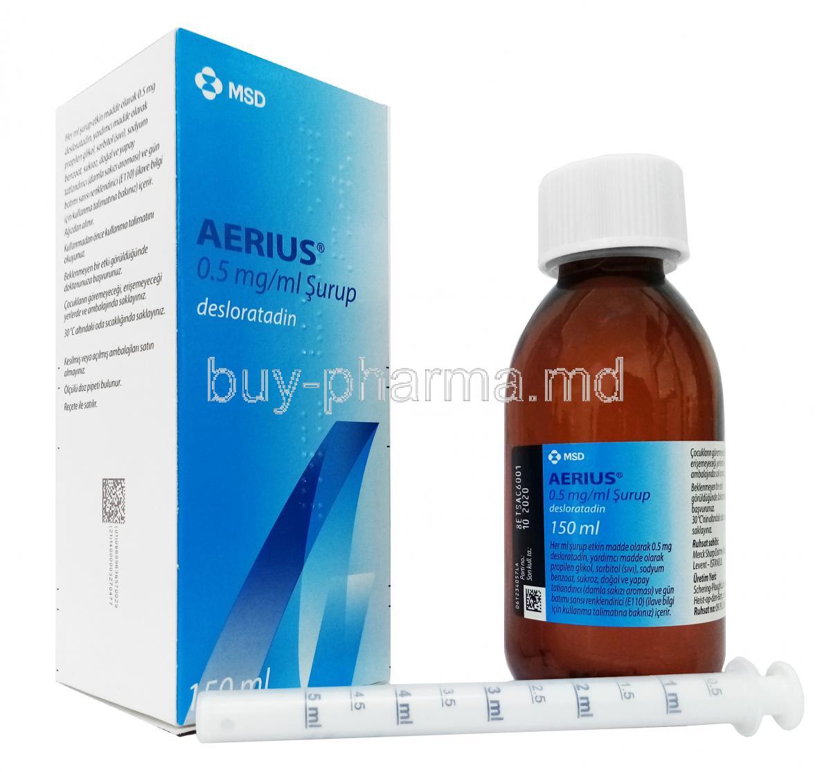 AERIUS SYRUP (NE) 0.5mgml 150ml box, bottle and syringe