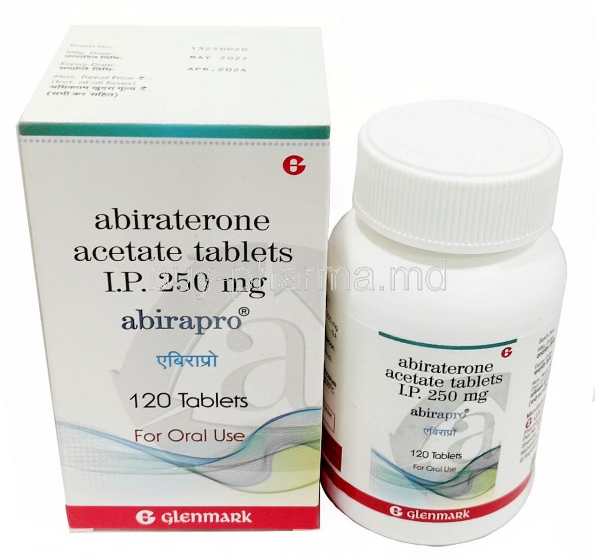 Abirapro, Abiraterone Acetate 250 mg, 120 tablets, Glenmark, Box, Bottle