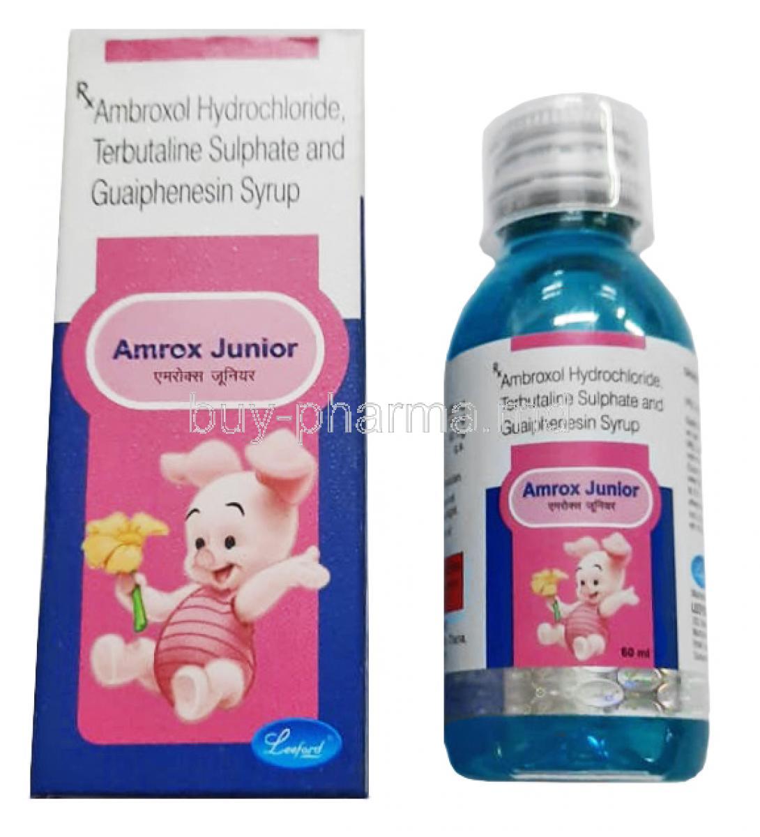 Amrox Junior Syrup, Ambroxol, Guaifenesin and Terbutaline box and bottle