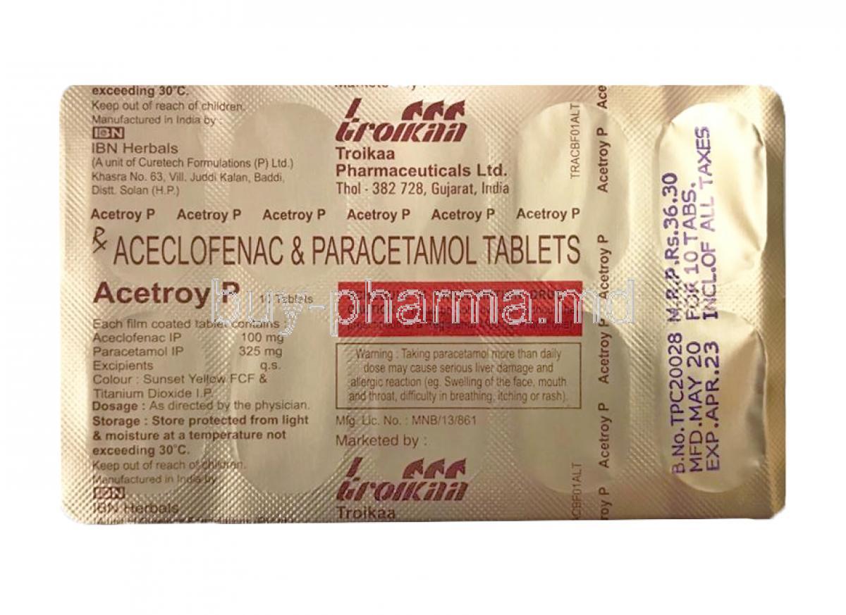 ACETROY P Acetroy P, Aceclofenac 100mg and Paracetamol 325mg tablet