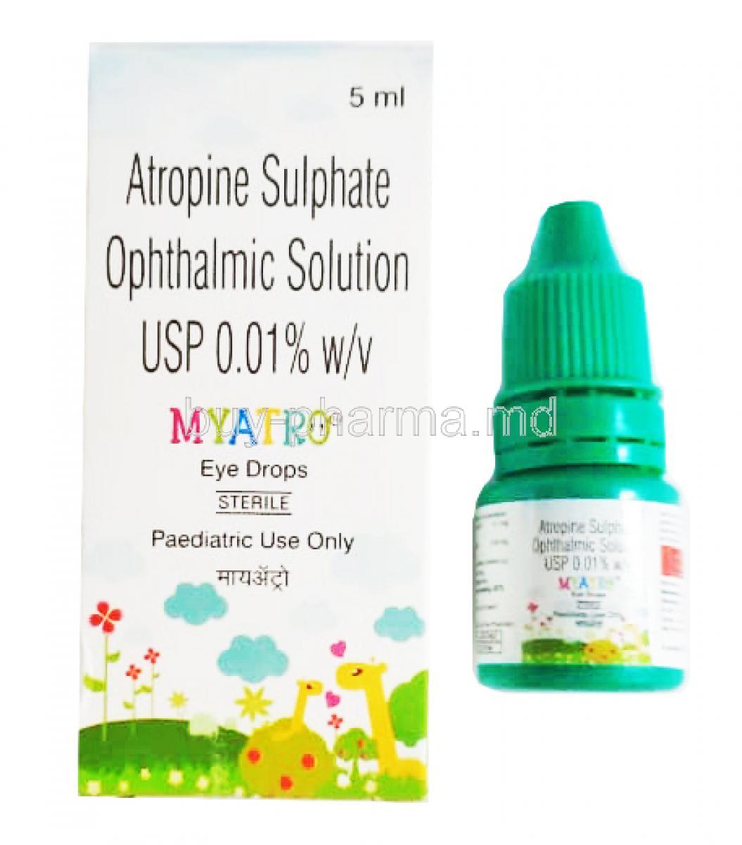 Myatro Eye Drop, Atropine 0.01%  box and bottle