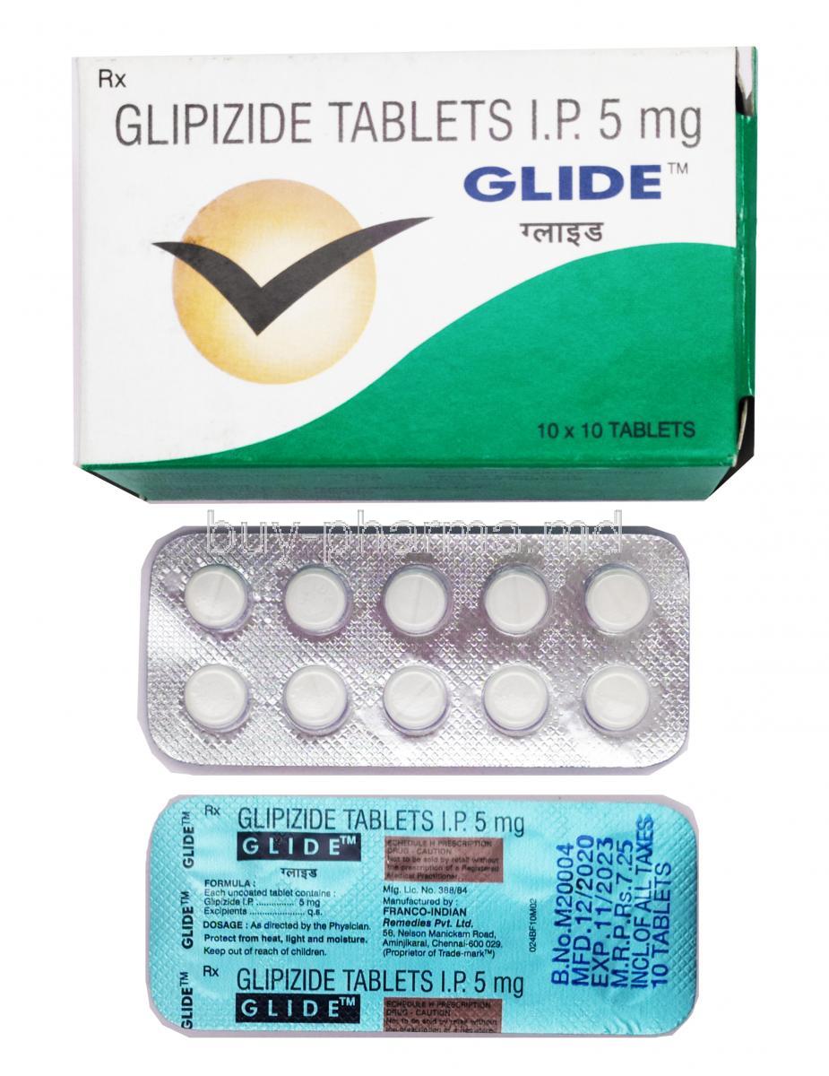 Glide, Gliclazide 5mg box and tablet
