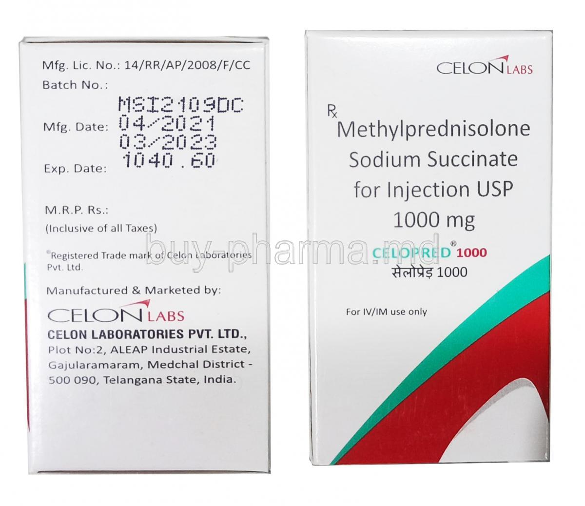 Celopred Injection, Methylprednisolone 1000mg box
