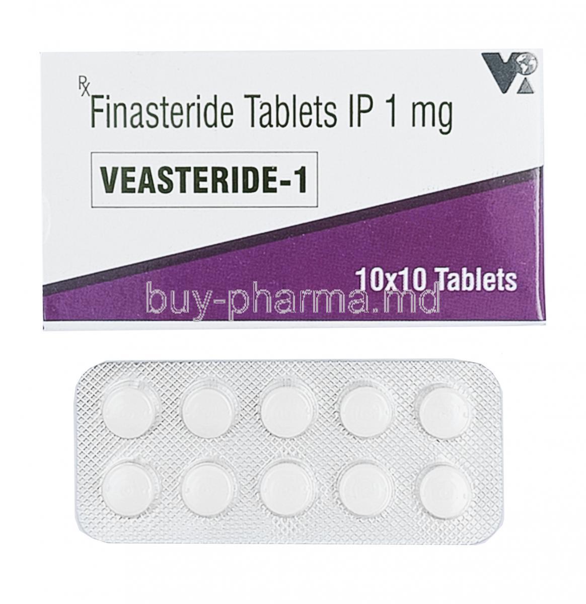 Veasteride, Finasteride 1mg box and tablet