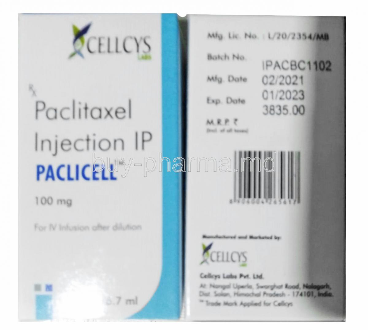 Paclicell Injection, Paclitaxel 100mg box