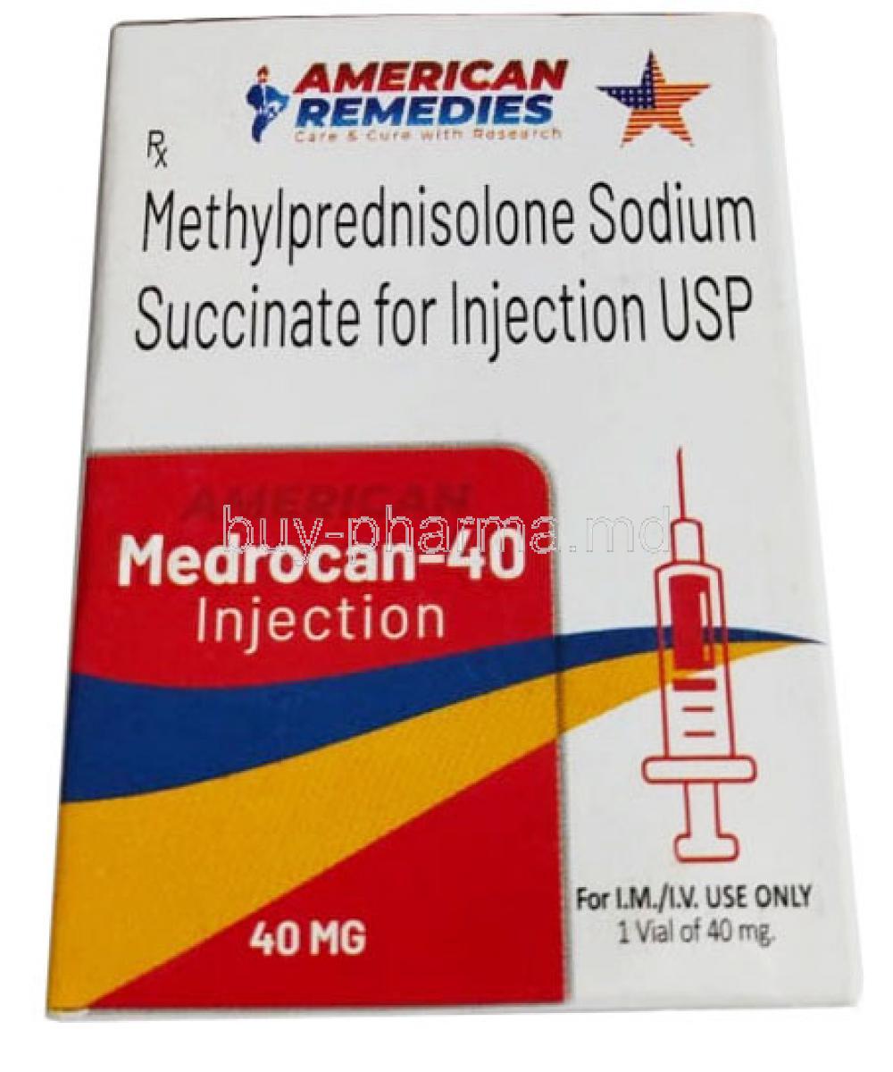 Medrocan 40 Injection, Methylprednisolone, 40mg, Succinate for Injection, American Remedies, Box front view
