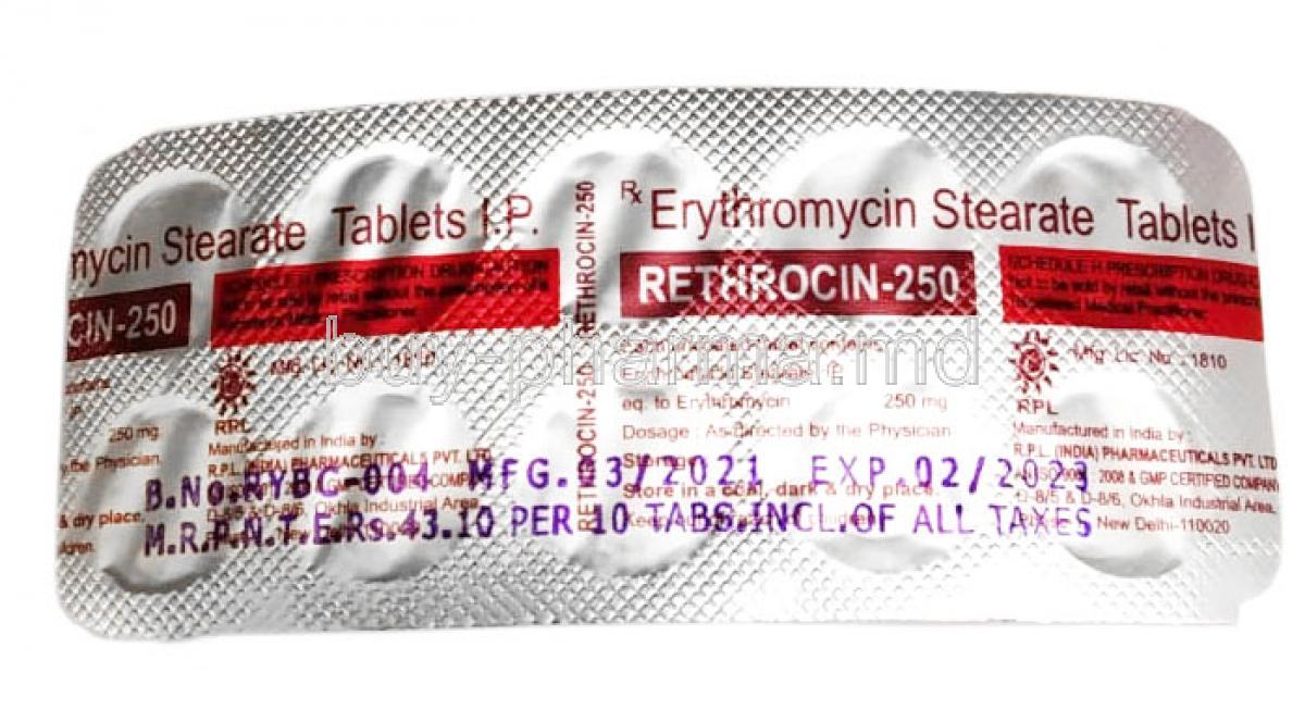 Rethrocin,  Erythromycin 250mg, RPL India, Blisterpack information