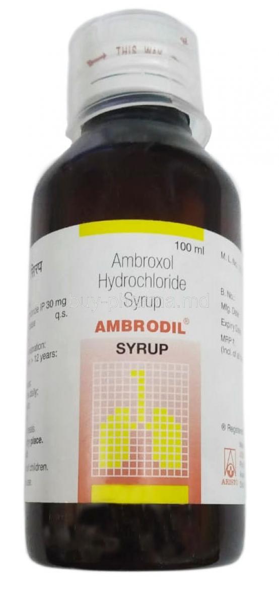 Ambrodil Syrup, Ambroxol 30mg per 5ml, 100 ml, Aristo Pharmaceuticals,Bottle front view