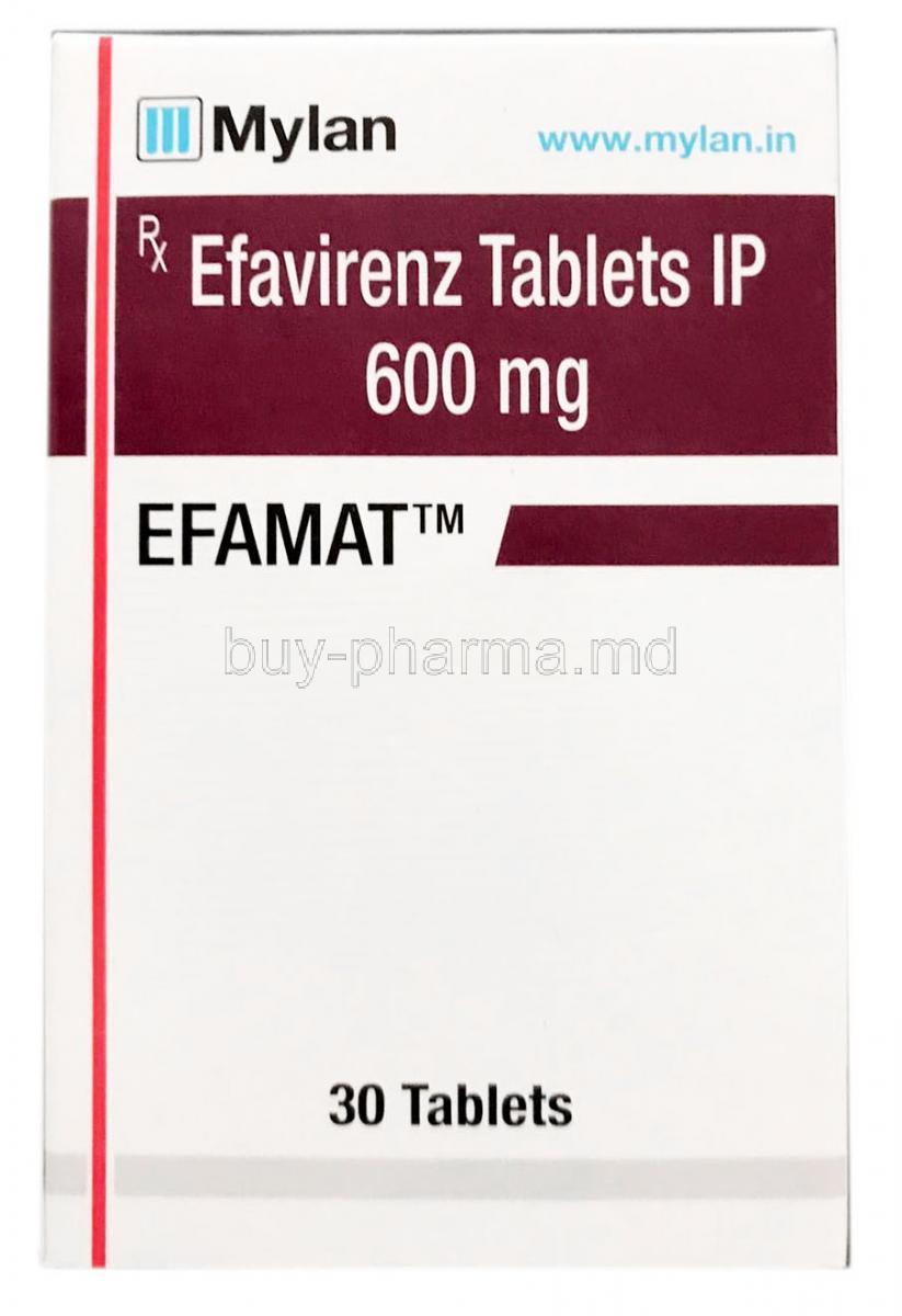 Efamat, Efavirenz 600mg, 30 tablets, Mylan, Box front view