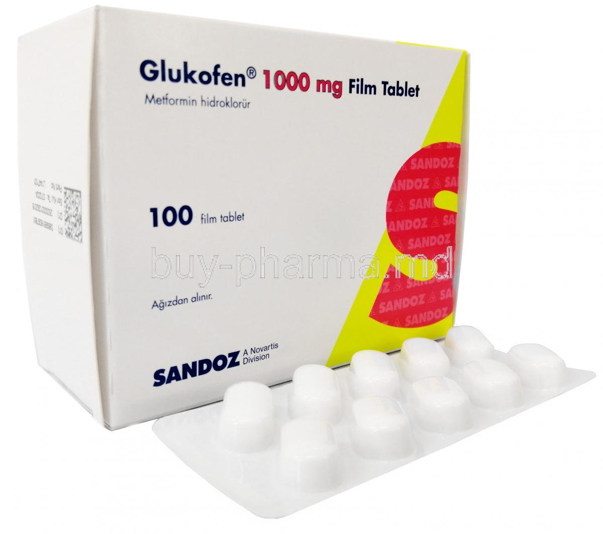 Glukofen, Metformin 1,000 mg, Sandoz, Box, Blisterpack