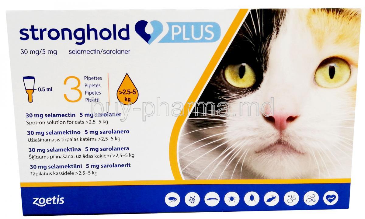 Stronghold Plus, Selamectin 30mg, Sarolaner 5mg 0.5ml x 3 Pipettes for Medium Cats (2.5-5kg), Zoetis Australia, Box front view