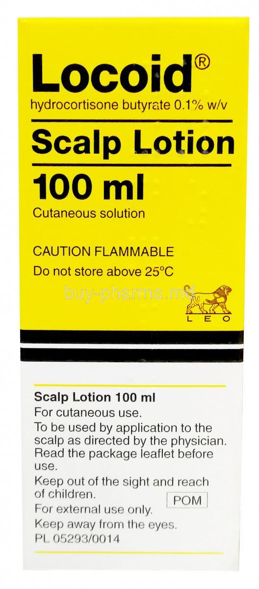 Locoid Scalp lotion, Hydrocortisone Butyrate 0.1%, Lotion 100ml,Cheplapharm, Box front view