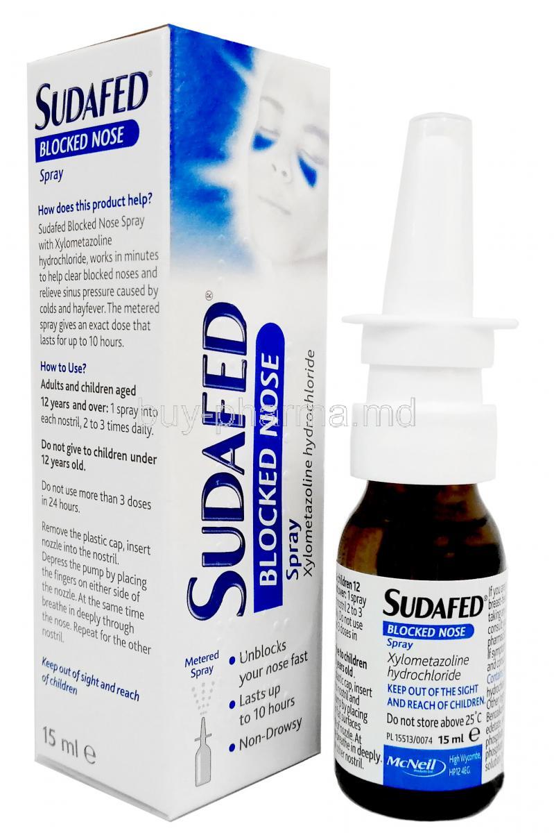 Sudafed Block Nose Spray, Xylometazoline hydrochloride, Nasal Spray 15ml, McNeil Products Ltd, Box, bottle