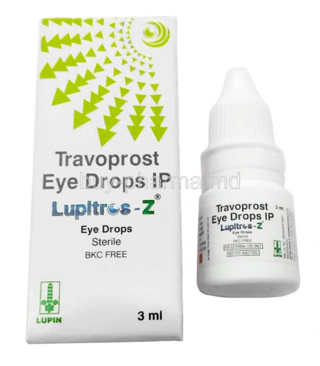 Lupitros-Z Eye Drops, Travoprost 0.004% wv, Eye Drops 3mL, Lupin, Box, Bottle
