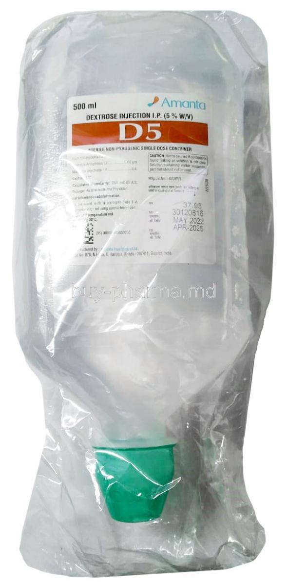 D5 Infusion, Dextrose 5gm, D5 Infusion 500ml, Amanta, Package front view