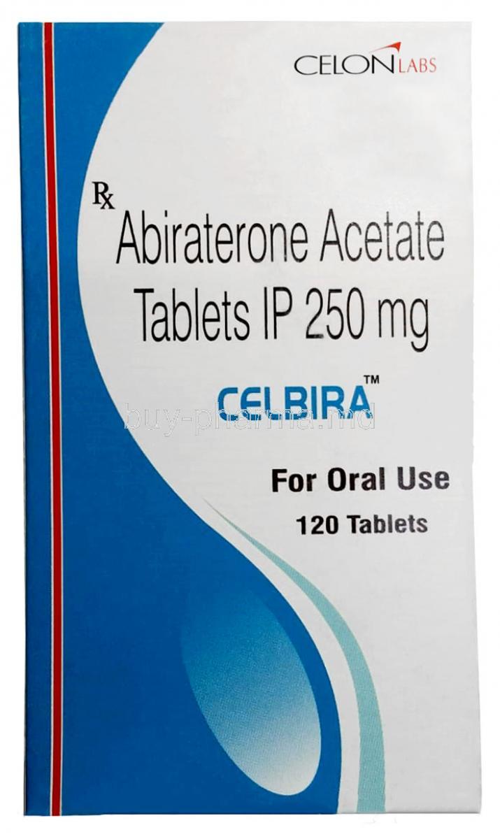 Celbira, Abiraterone Acetate 250mg, 120tablets, Celon Laboratories, Box front view