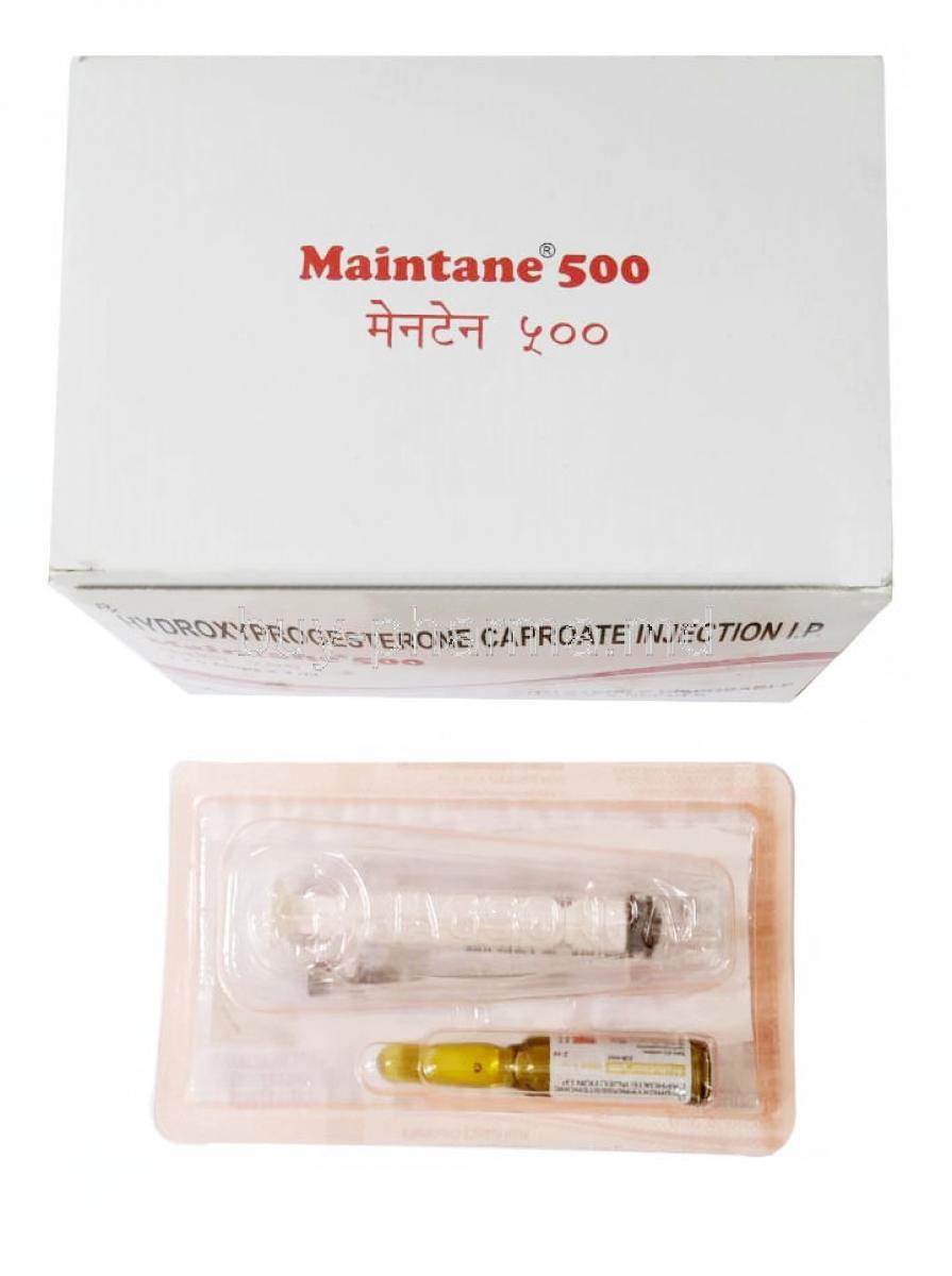 Maintane Injection, Hydroxyprogesterone 500mg per ml, Injection 2ml, Jagsonpal Pharmaceuticals Ltd, Box, Injection top view