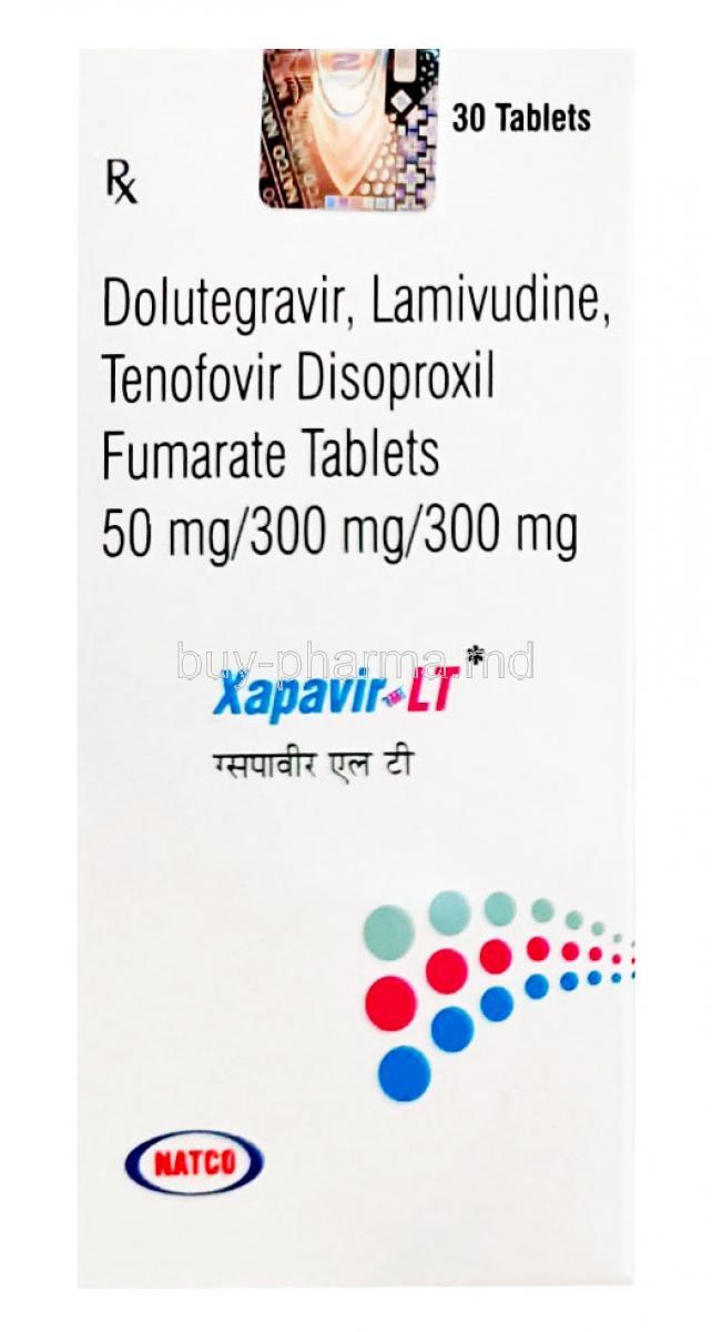 Xapavir-LT, Dolutegravir 50mg/ Lamivudine 300mg/ Tenofovir 300mg, 30tabs(1Bottle) Natco Pharma, Box front view