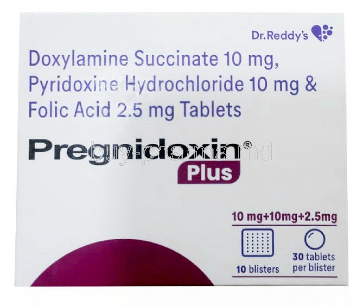 Pregnidoxin Plus, Doxylamine 10mg/ Vitamin B6(Pyridoxine) 10mg /Folic Acid 2.5mg, Dr Reddy's Laboratories Ltd, Box front view