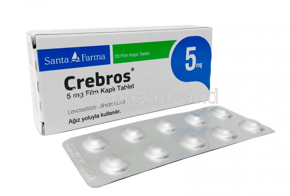 Crebros, Levocetirizine 5 mg, 20tablets, Santa Farma, Box, Blisterpack