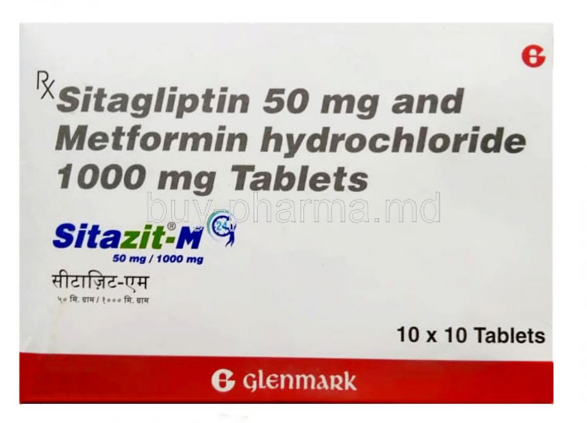 Sitazit M, Sitagliptin 50mg/ Metformin 1000mg, Glenmark Pharmaceuticals, Box front view