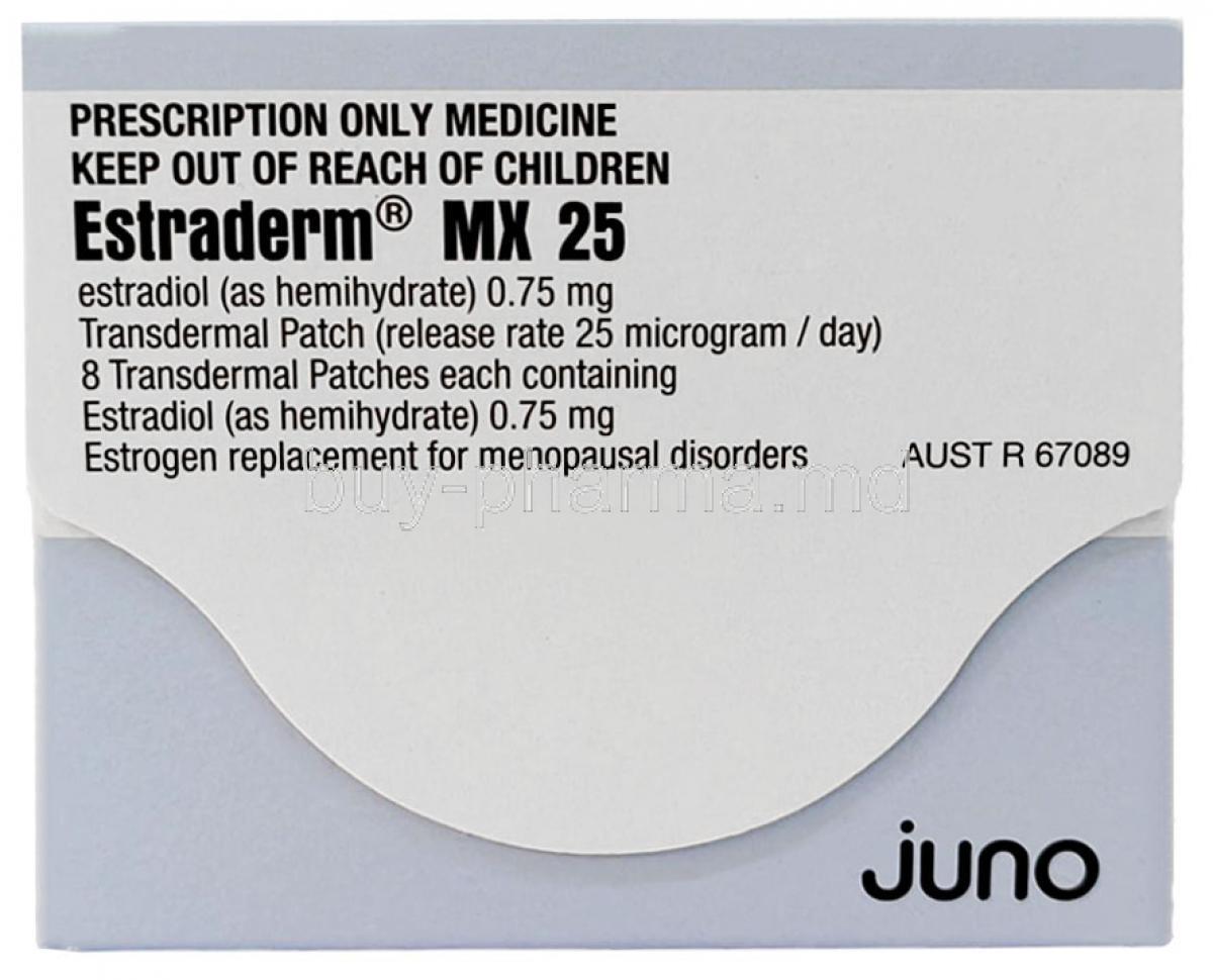 Estraderm MX 25, Ethinyl Estradiol 25mg,Patches, Norvatis Box front view
