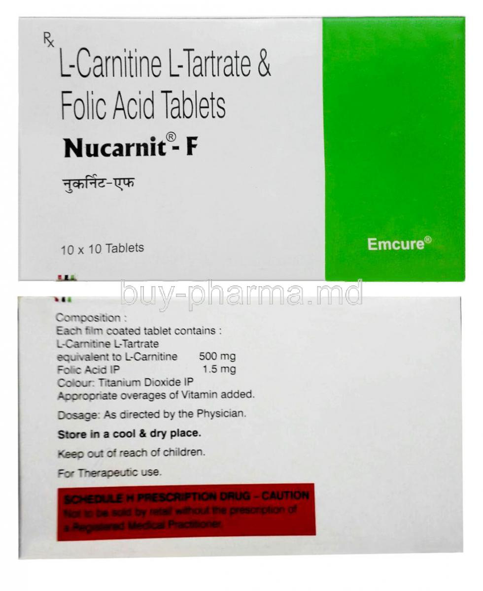 Nucarnit-F,Folic Acid 1.5 mg/Levo-carnitine 500 mg, Emcure Pharmaceuticals, Box front view and back view