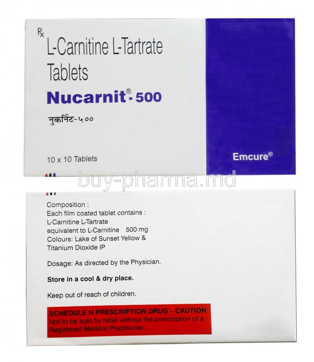 Nucarnit, L-Carnitine 330mg, Emcure Pharma, Box front view, Box back view
