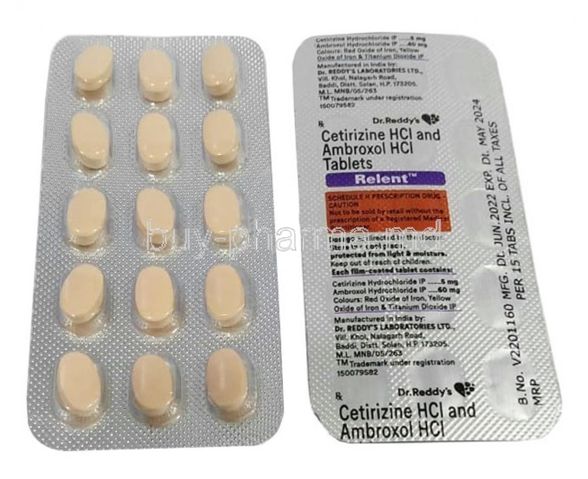 Relent, Cetirizine 5mg and Ambroxol 60mg, Dr Reddy's Laboratories, Blisterpack front and back view