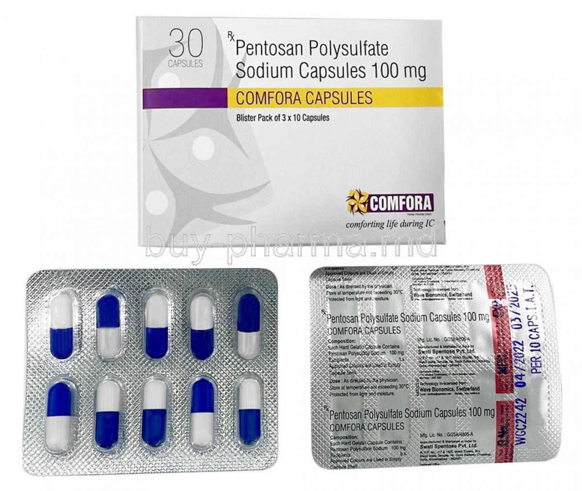 Comfora, Pentosan polysulfate sodium 100mg,  Swati Spentose Pvt Ltd, Box front view, blisterpack information