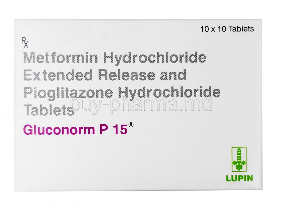 Gluconorm-P, Pioglitazone 15 mg / Metformin 500 mg, Lupin, Box front view