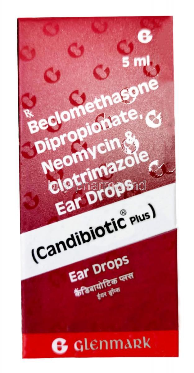 Candibiotic Plus Ear Drop, Beclometasone 0.025% w/v / Neomycin 0.5% w/v / Clotrimazole 1% w/v, Ear Drop 5mL, Glenmark Pharmaceuticals, Box front view