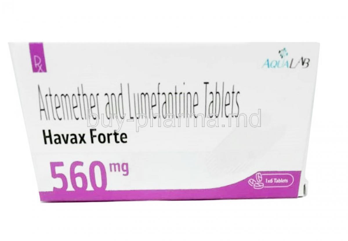 Havax Forte, Artemether 80 mg, Lumefantrine 480 mg, Aqua Lab, Box front view