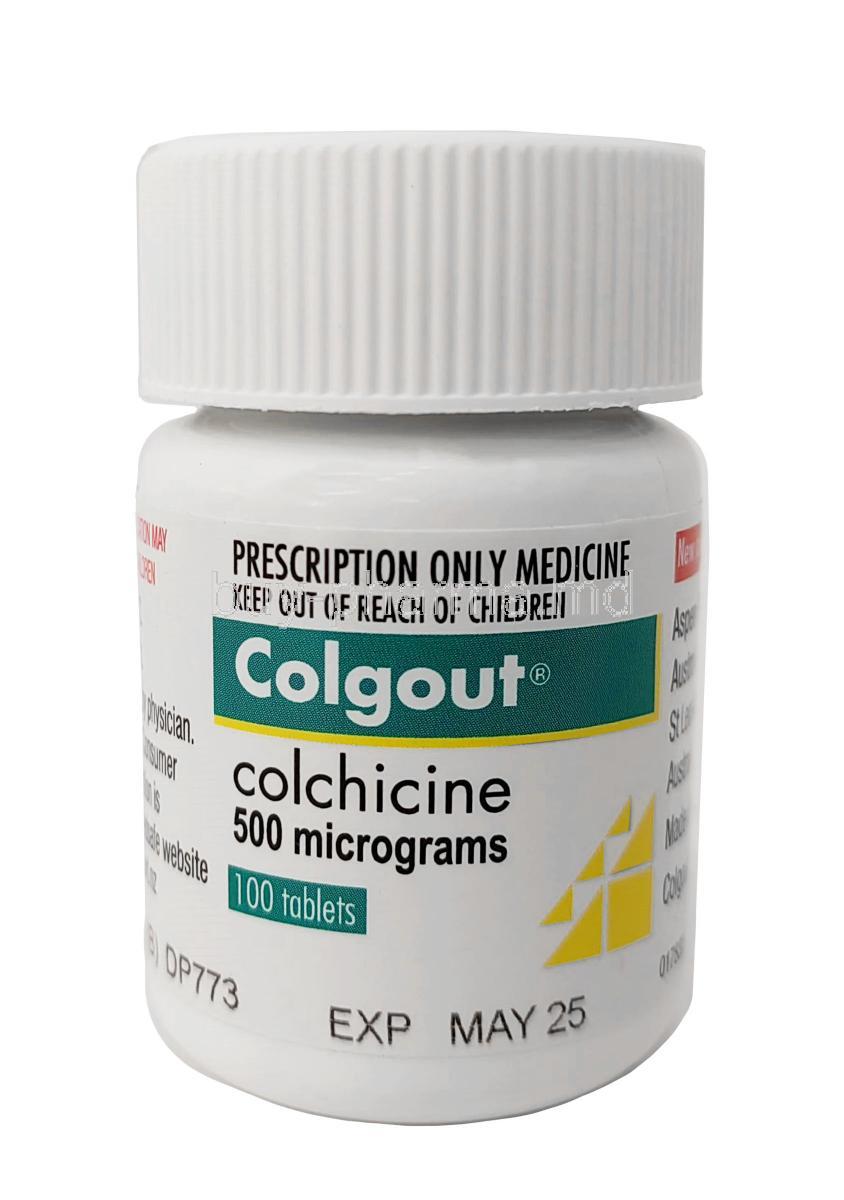 Colgout, Colchicine 0.5 mg, Aspen pharmacare Australia,Bottle front view