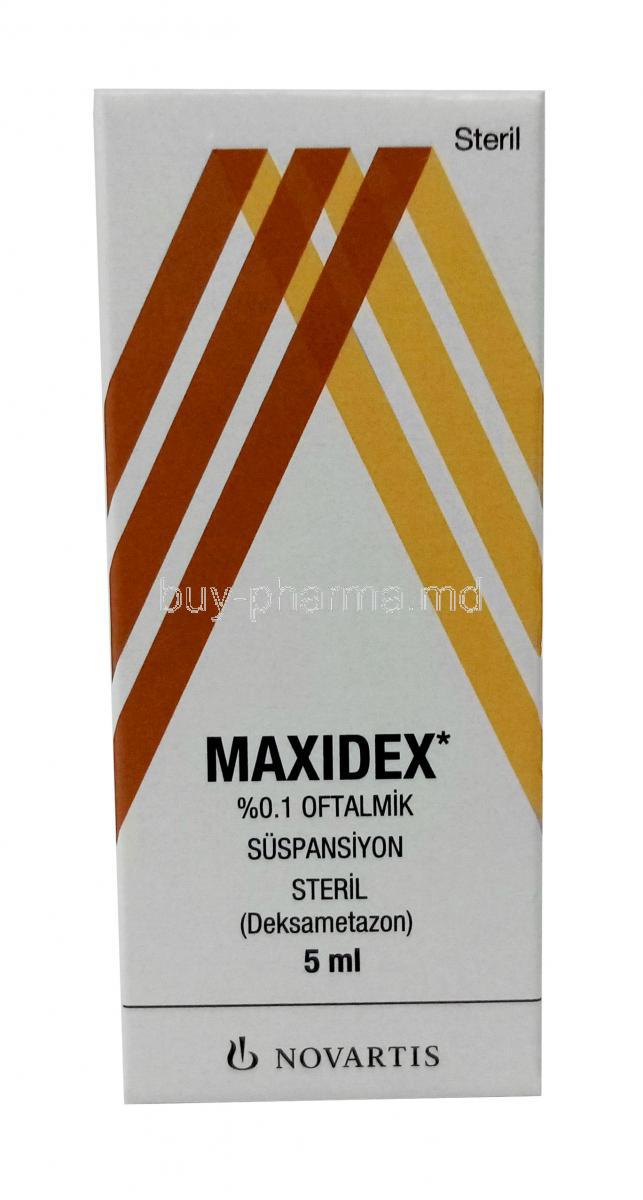 Maxidex Eye Drop, Dexamethasone 0.1%, Eye Drop 5mL, Novartis, Box front view