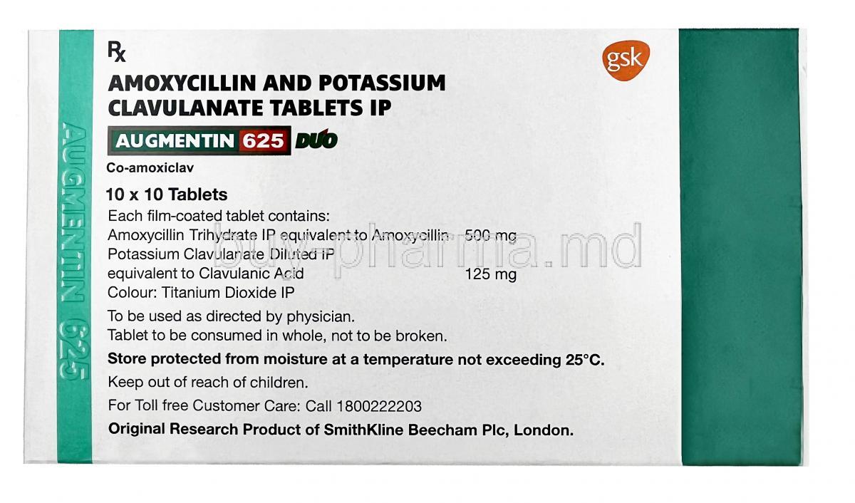 Augmentin Duo 625, Amoxycillin 500mg/Clavulanic Acid 125mg, GSK, Box information