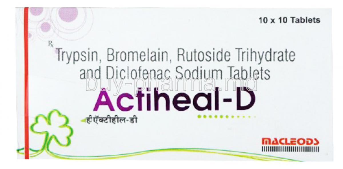 Actiheal D, Trypsin 48 mg / Bromelain 90 mg / Rutoside 100 mg / Diclofenac 50 mg, Macleods Pharmaceuticals Pvt Ltd, box front presentation