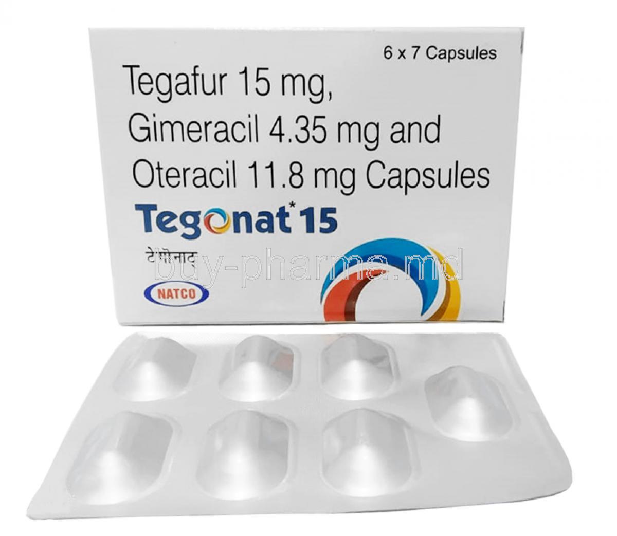 Tegonat,Tegafur 15mg, Gimeracil 4.35mg, Oteracil 11.8mg, 7 capsules, Natco Pharma, Box, Blisterpack